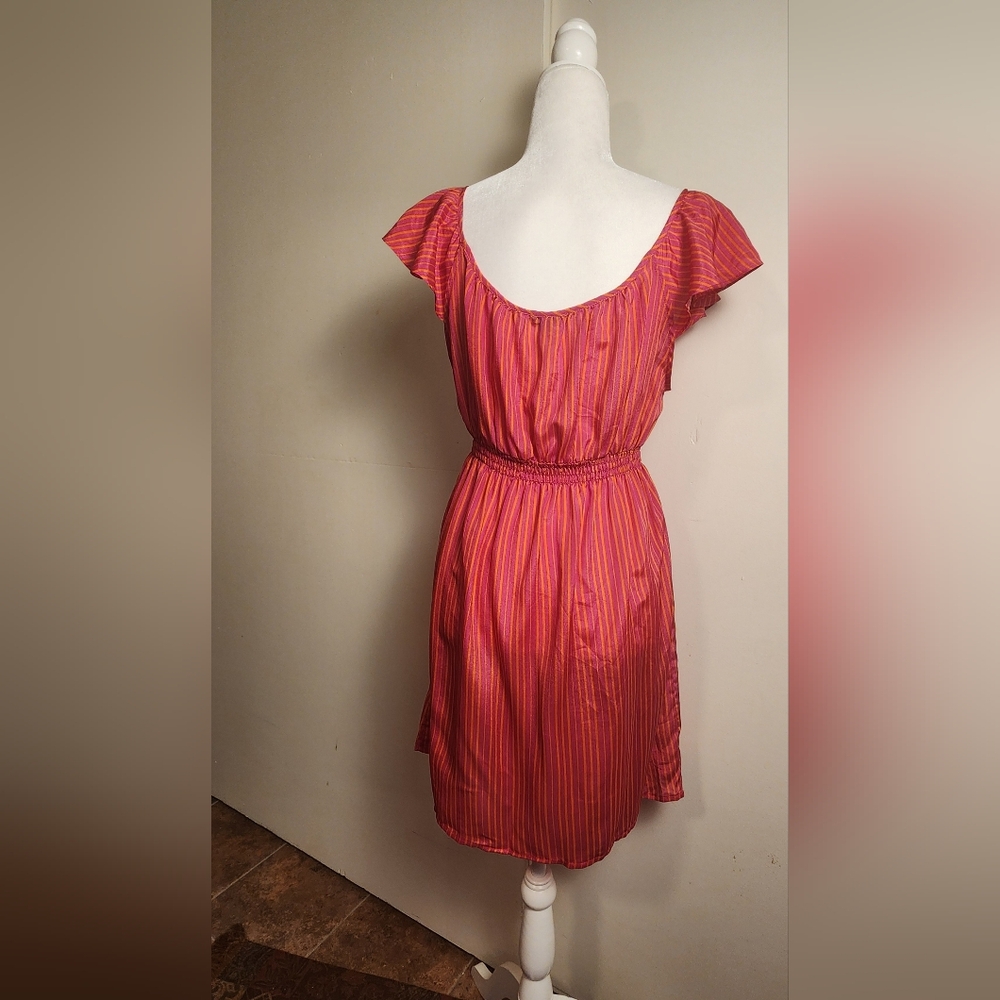 Y2K VTG Forever 21 Hot Pink And Bright Orange Striped Flutter Sleeve Dress Large